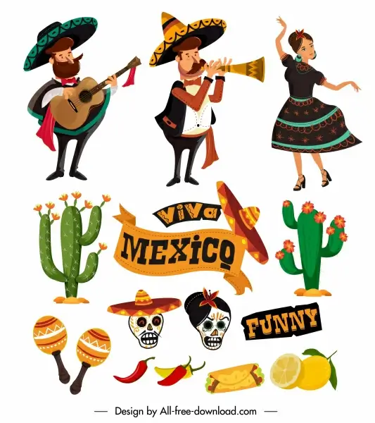 mexico design elements traditional costumes cactus food sketch