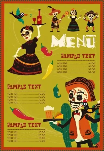 mexico menu template traditional costume scary masks decor