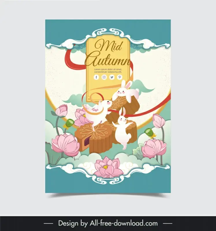 mid autumn poster template cute dynamic rabbits lotus