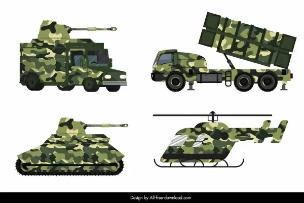 military vehicle equipment icons modern colored design