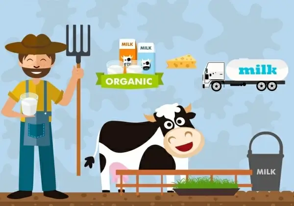 milk advertising banner farming elements cartoon sketch