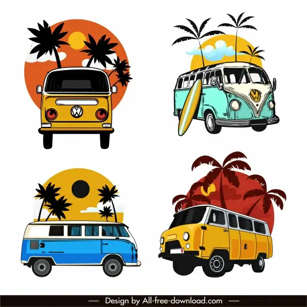 mini bus icons colorful classical sketch