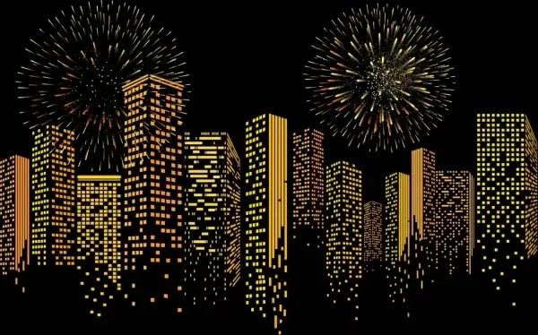 modern city background yellow lights building fireworks decor