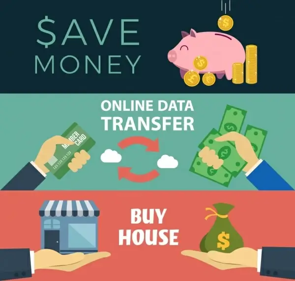 money conceptual banner savings transfer trading icons