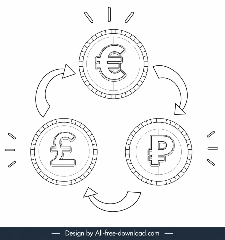 money transfer icon black white coins circulation arrows sketch
