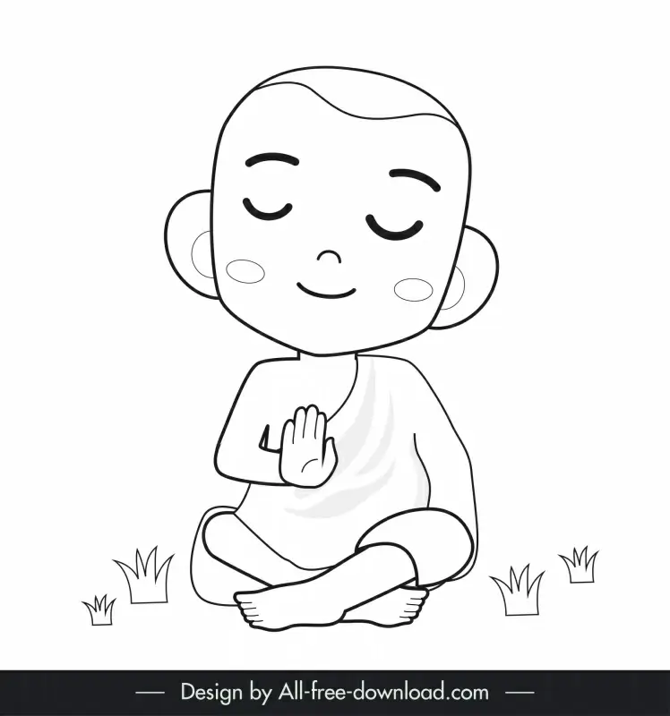 monk meditate icon sitting boy sketch cute black white cartoon character outline