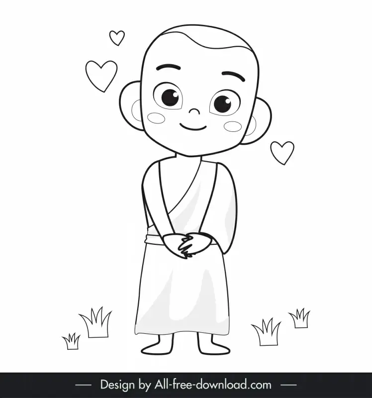 monk with hearts icon lovely cartoon character outline