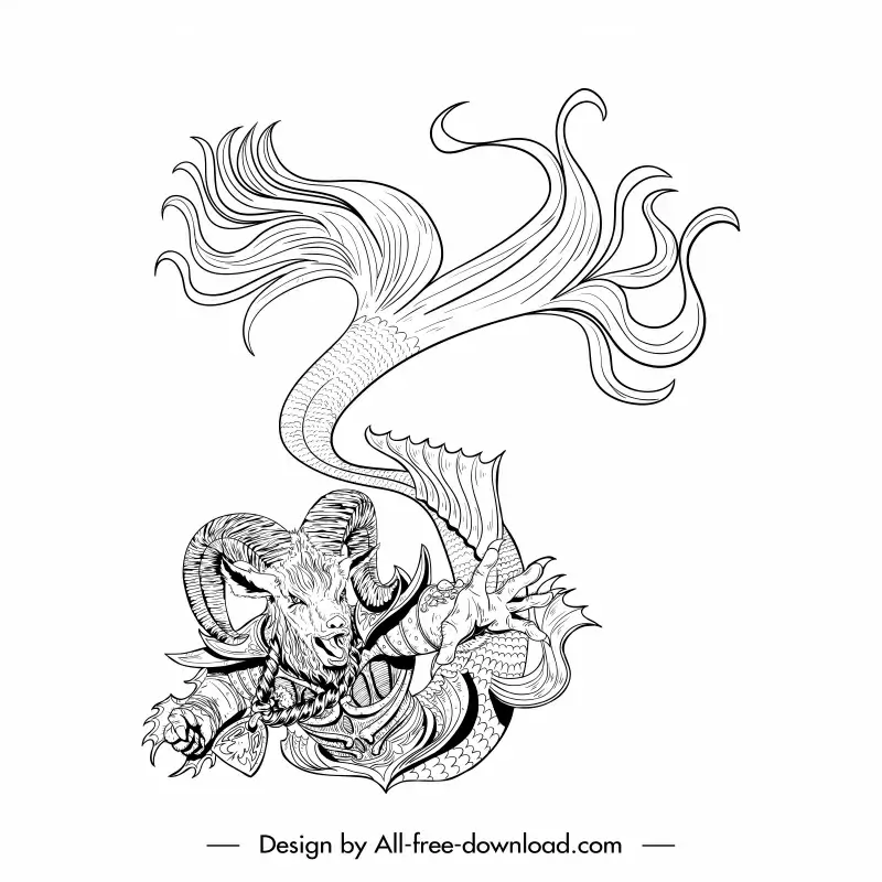 monster series capricorn icon flat classical handdrawn cartoon sketch