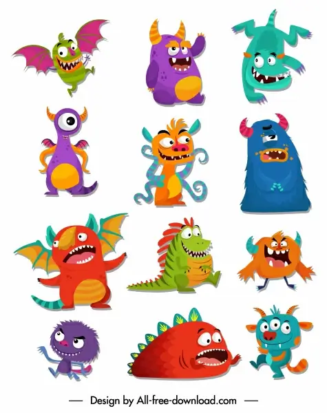 monsters icons funny cute cartoon characters colorful design