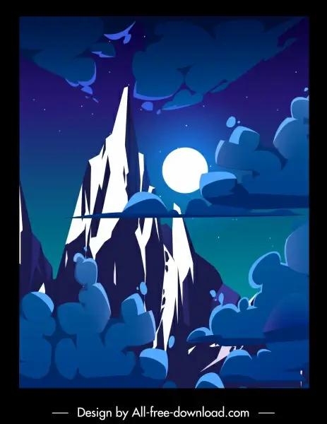 moon mountain peak scene painting colored classic