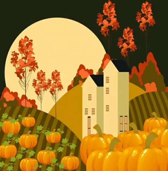 moonlight landscape drawing pumpkin house tree icons decoration