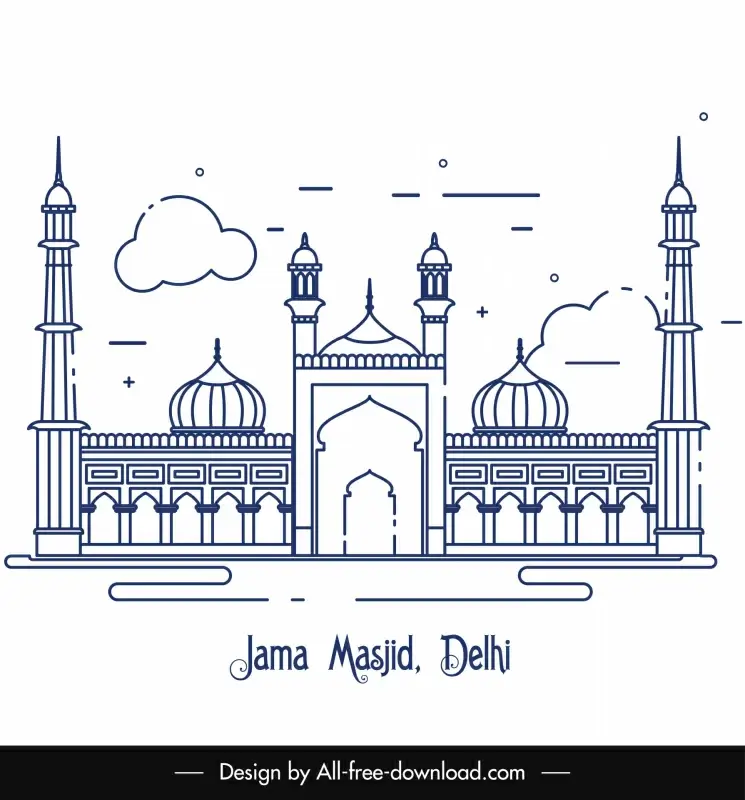 mosque islam jama masjid delhi architecture background flat symmetric classic outline 