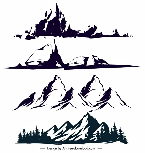 mountain icons black white classical handdrawn sketch