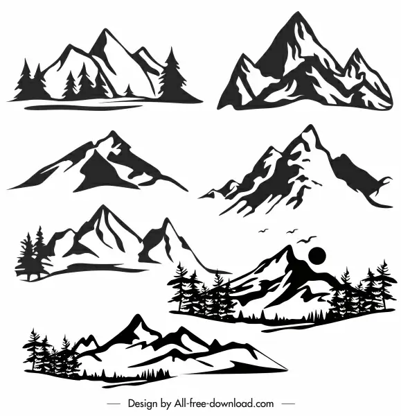 mountain icons black white handdrawn sketch