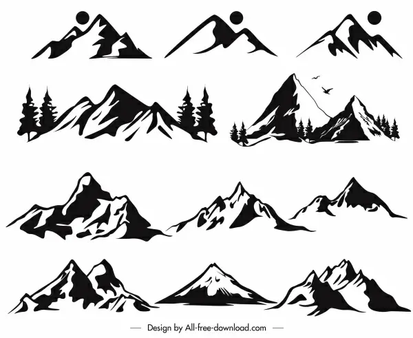 mountain icons black white retro handdrawn sketch