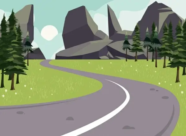 mountain landscape background road rock icons multicolored design