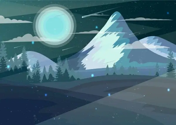 mountain landscape drawing moonlight scene colored cartoon