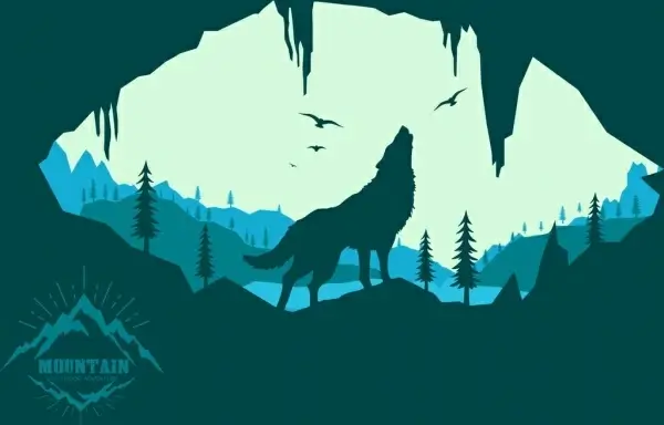 mountain wildlife background wolf bird icons silhouette decoration