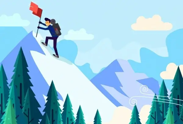 mountaineering background peak flag climber icons cartoon design