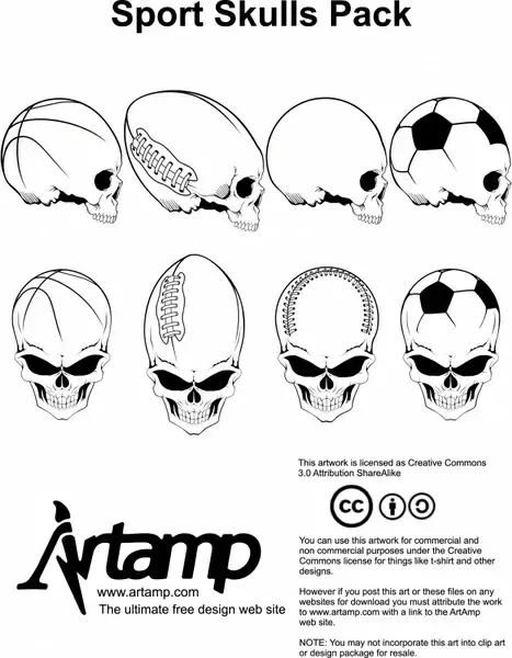 skulls icons sports balls sketch black white design