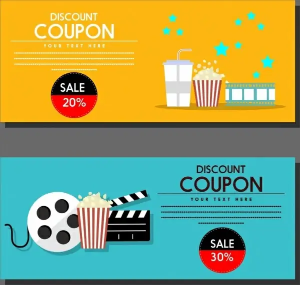 movie discount coupon templates colored symbols icons ornament