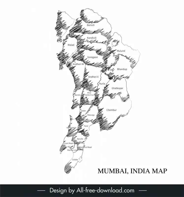 mumbai map backdrop template flat black white classical handdrawn outline 