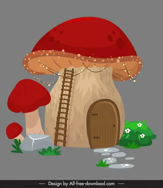mushroom house icon colored classic vintage decor