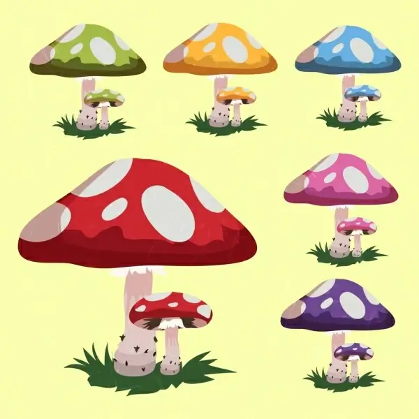 mushroom icons collection multicolored cartoon design