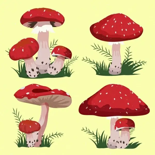 mushroom icons isolation red cone shapes cartoon design
