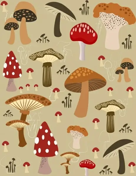 mushrooms background repeating design various colored icons