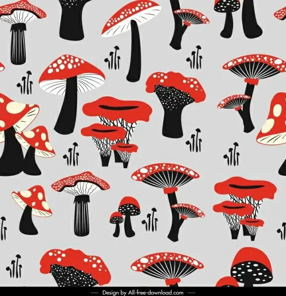 mushrooms pattern black red repeating decor