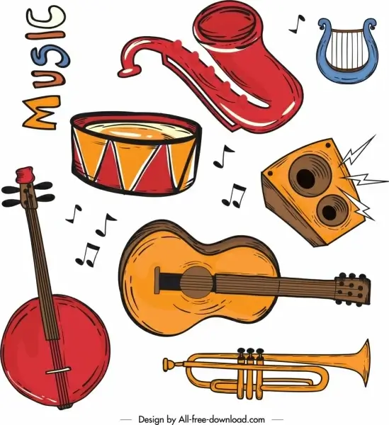 music background instrument icons decor colorful retro design