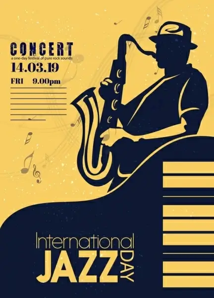music concert banner saxophonist icons silhouette classical design