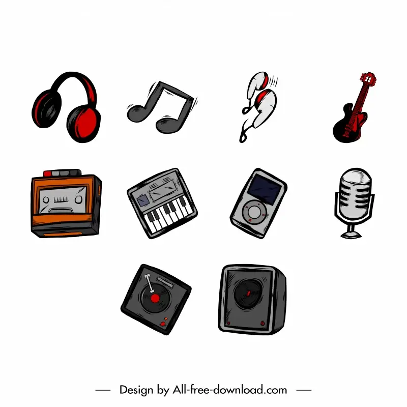 music doodle icons colored retro sketch
