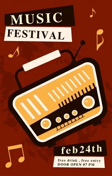 music festival banner vintage radio notes icons decor