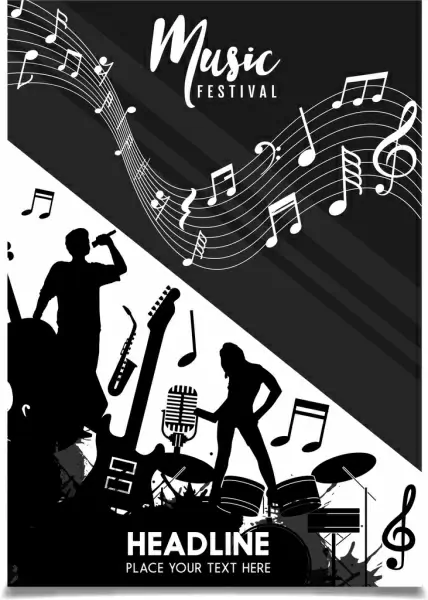 music festival leaflet silhouette design notes decoration