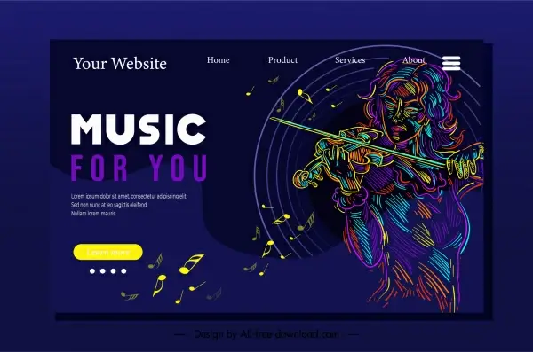 music homepage template dark colors blended violinist sketch