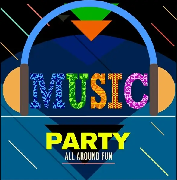 music party banner colorful words and headphone symbol 