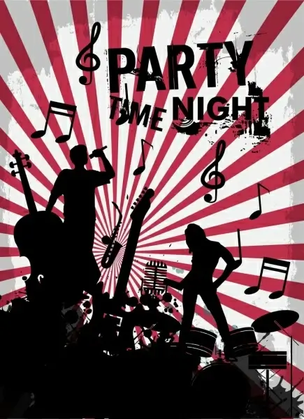 music party poster silhouette retro style rays decoration