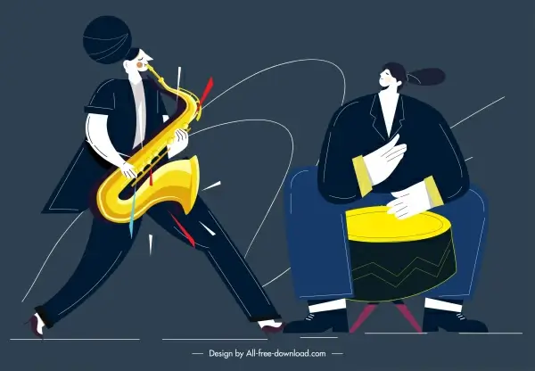 music performer icons trumpet drummer sketch cartoon design