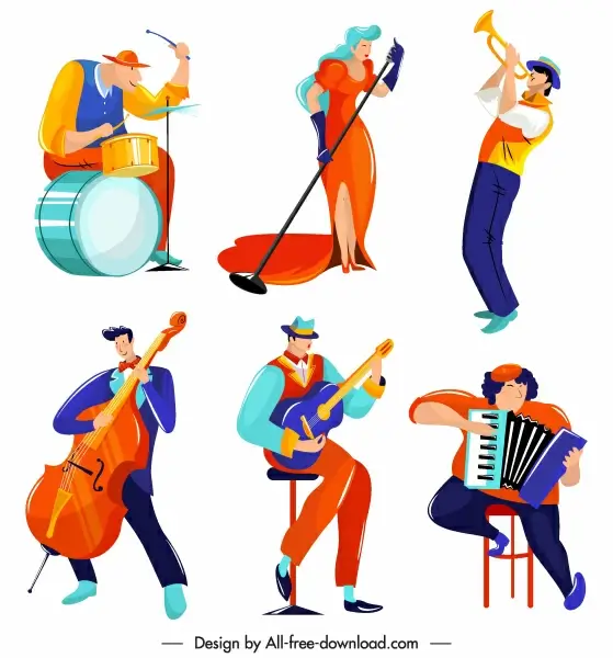 music player icons colorful cartoon characters sketch