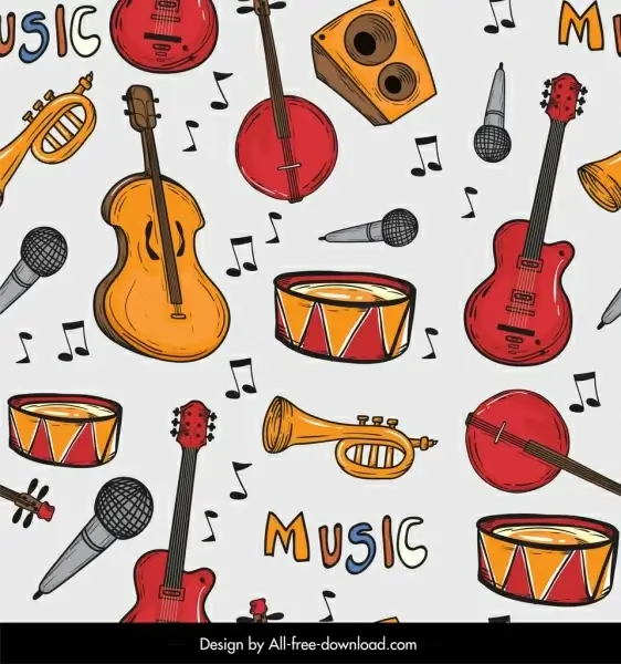musical instruments pattern colorful classical repeating decor 