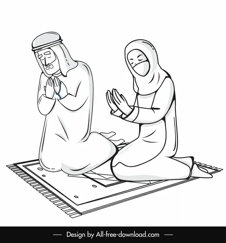 muslim people praying icons black white handdrawn  