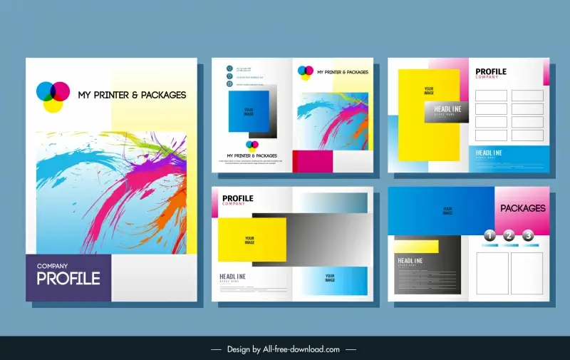 my printer and packages company profile template modern dynamic paint splashing geometry decor