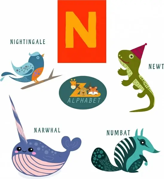 n letter design with colored flat style animals 