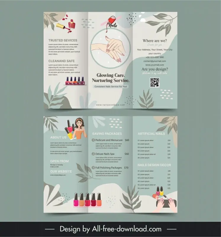 nail spa brochure  template elegant cartoon trifold design 
