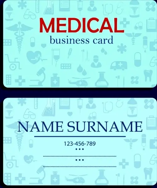 name card template medical icons decor blue vignette