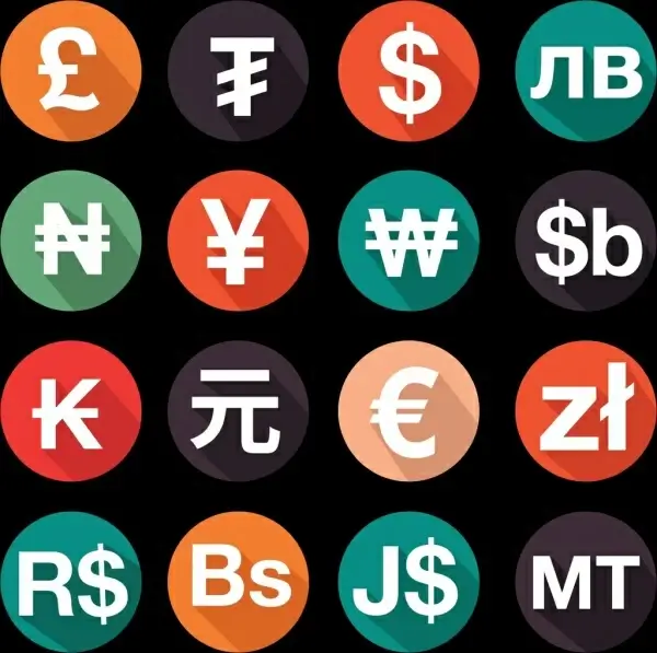 national currency icons isolation colored round design