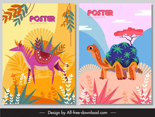 natural animals posters colorful design reindeer turtle sketch