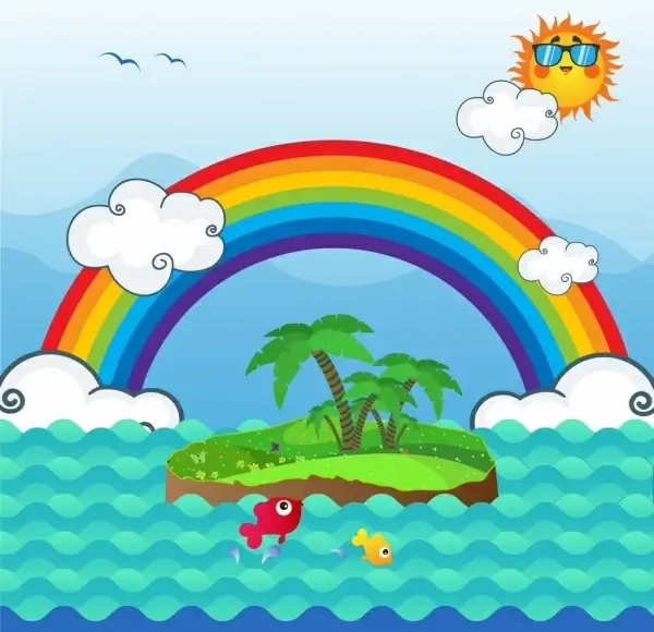 natural landscape background rainbow island sun sea icons